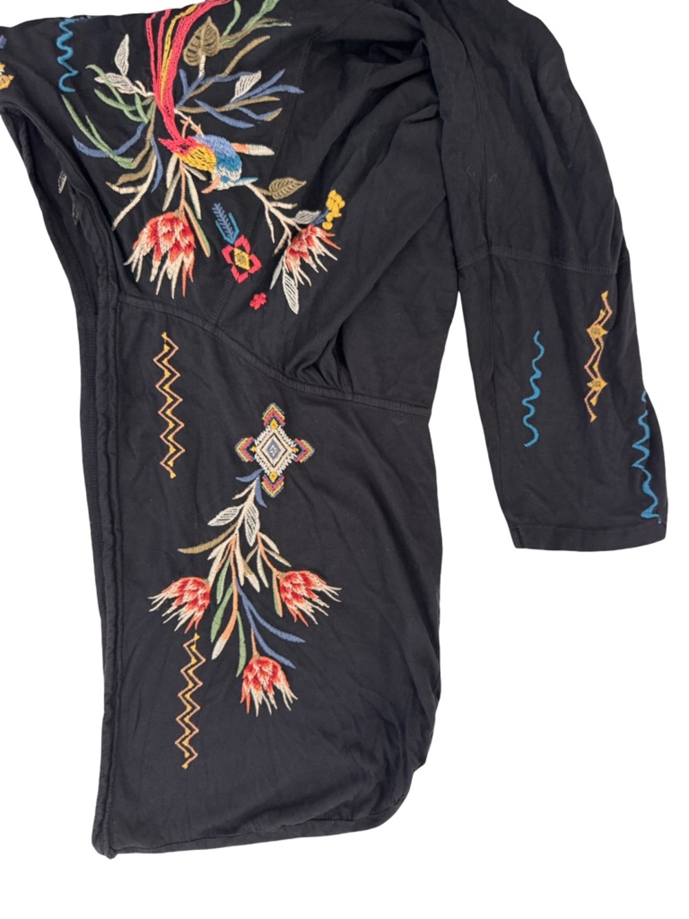 Johnny Was Black V-Neck Tunic with Floral and Geometric Embroidery and hood - Picture 3 of 5